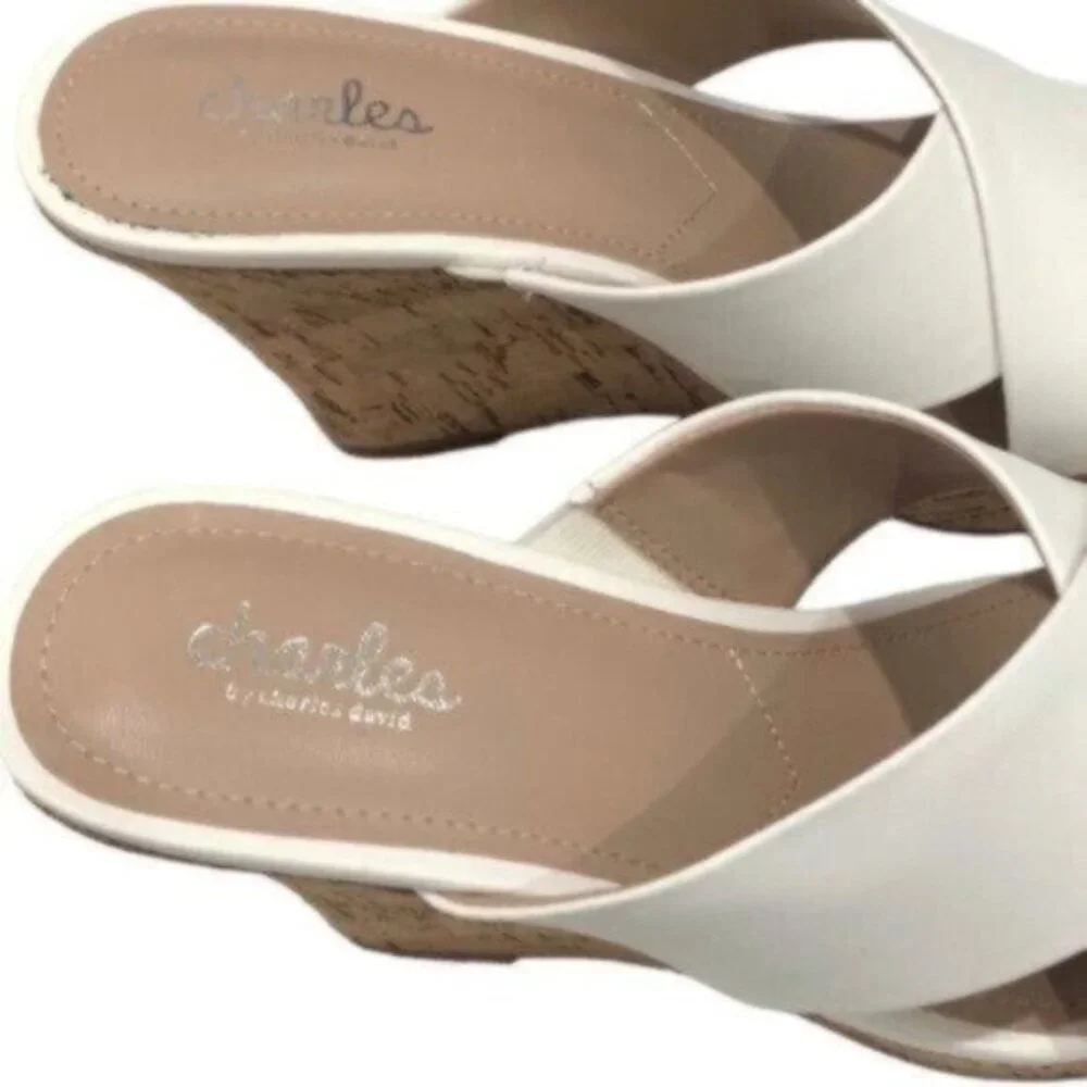 NWT Charles David White Leather Wedge Slide Sandals 9.5M